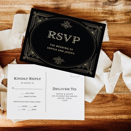 Modern Deco  Elegant Black and Gold Wedding RSVP Foil Invitation Postcard