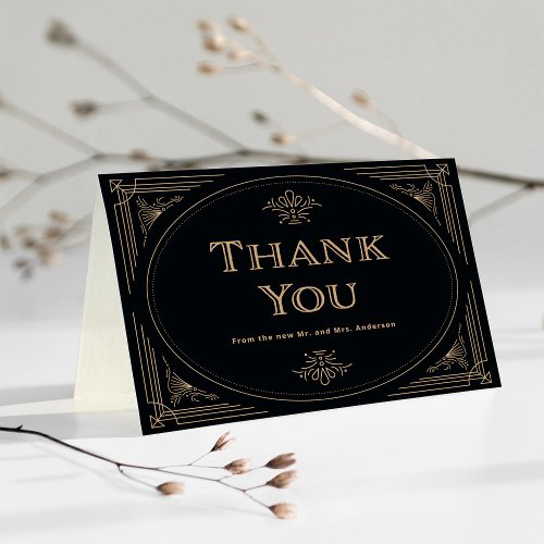 Modern Deco  Elegant Black and Gold Wedding Thank You Card