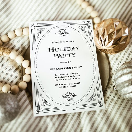 Modern Deco Elegant Black and White Holiday Party Invitation