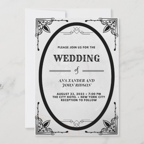 modern deco elegant black and white wedding  invitation