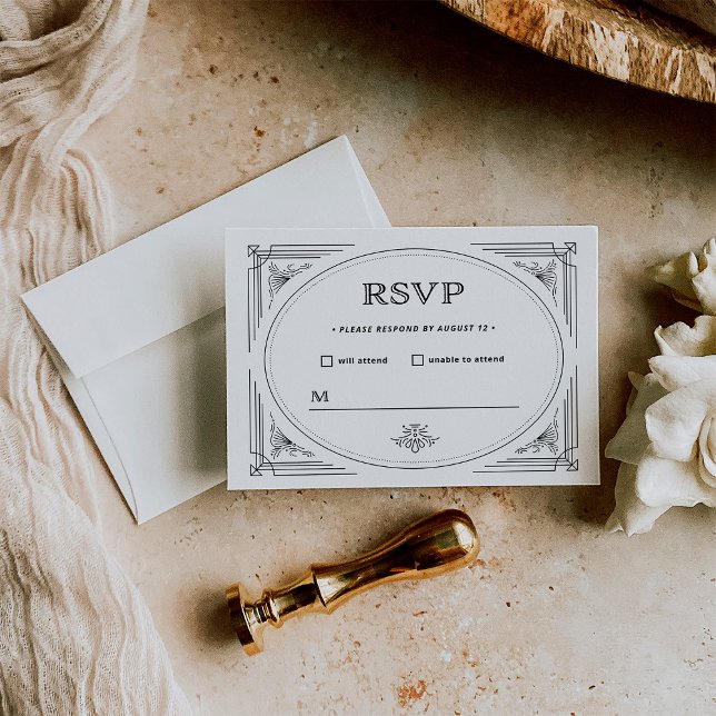 Modern Deco | Elegant Black and White Wedding RSVP Card (Creator Uploaded)