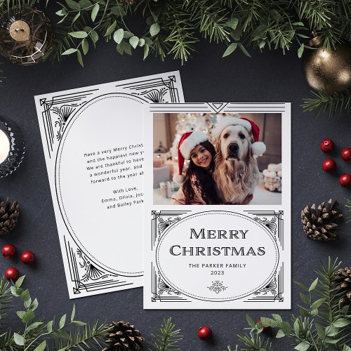 Modern Deco  Elegant Black and White with Photo Holiday Card