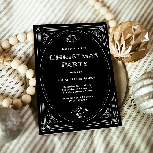Modern Deco  Elegant Black Christmas Party Invitation