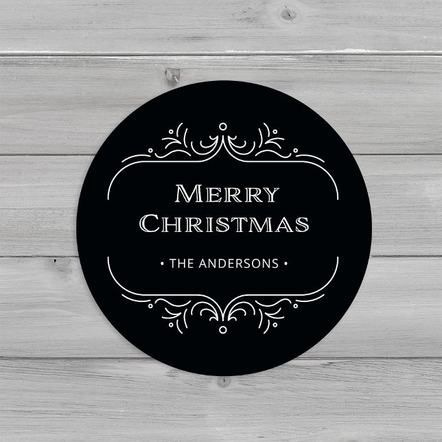 Modern Deco | Elegant Black Merry Christmas Classic Round Sticker (An elegant, back art deco style Christmas sticker)