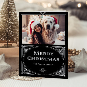 Modern Deco Elegant Black with Photo Holiday Card
