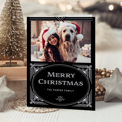 Modern Deco  Elegant Black with Photo Holiday Card