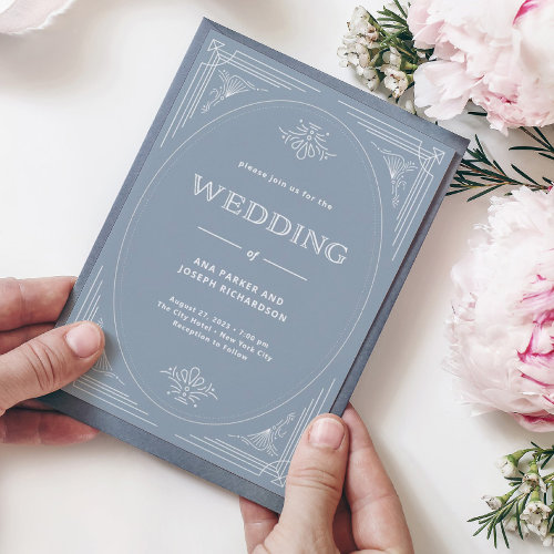 Modern Deco | Elegant Dusty Blue and White Wedding Invitation