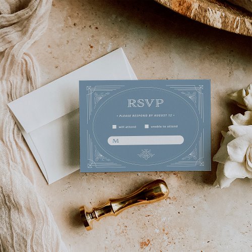 Modern Deco  Elegant Dusty Blue and White Wedding RSVP Card