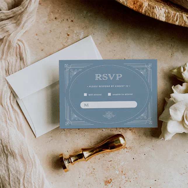 Modern Deco | Elegant Dusty Blue and White Wedding RSVP Card | Zazzle