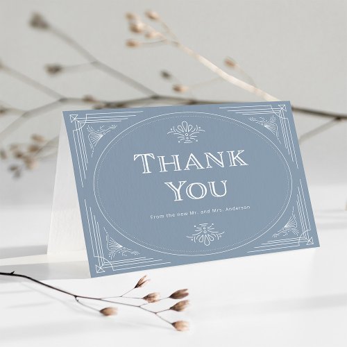 Modern Deco  Elegant Dusty Blue and White Wedding Thank You Card