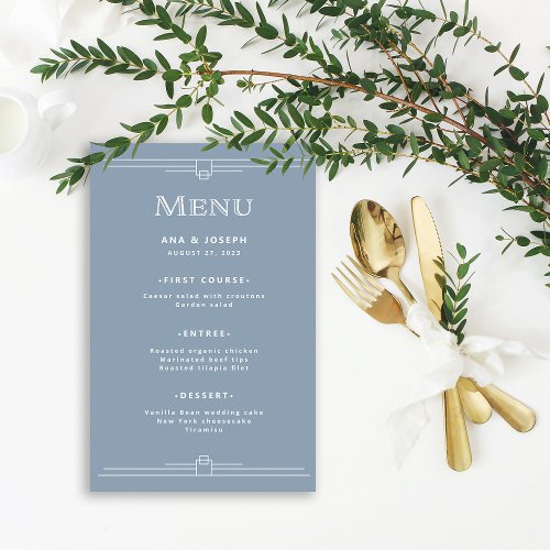 Modern Deco  Elegant Dusty Blue Wedding Menu Flyer