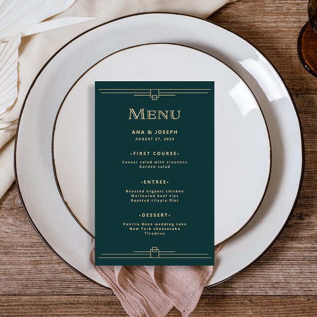Modern Deco | Elegant Emerald Green Wedding Menu Flyer (An elegant, rich emerald green wedding menu in art deco style, with champagne gold accents)
