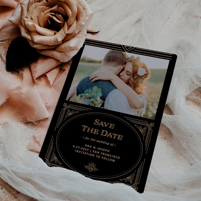 Modern Deco | Elegant Faux Gold and Black Photo Save The Date (Creator Uploaded)