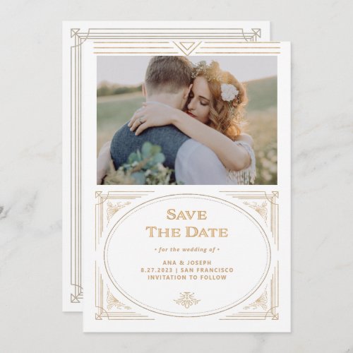 Modern Deco  Elegant Faux Gold and White Photo Save The Date