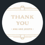 Modern Deco | Elegant Faux Gold and White Wedding Classic Round Sticker<br><div class="desc">These glamorous wedding stickers feature a modern spin on classic art deco. Ornate,  faux gold look geometric borders and ornamentation decorate an elegant white background for a dramatic,  vintage wedding look. Classic faux gold typography says "thank you",  making these perfect to add to your wedding favors.</div>