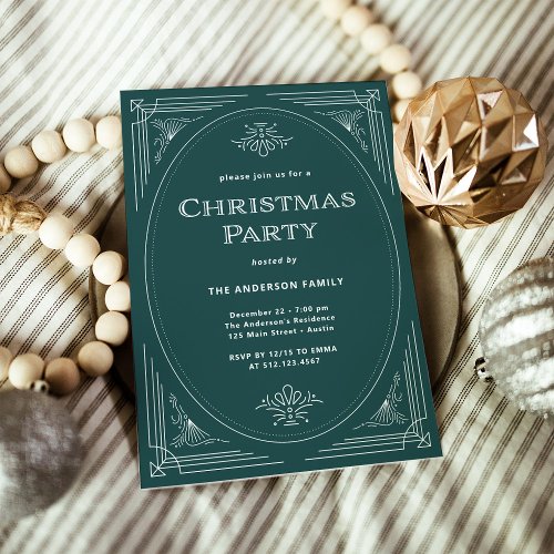 Modern Deco  Elegant Green Christmas Party Invitation