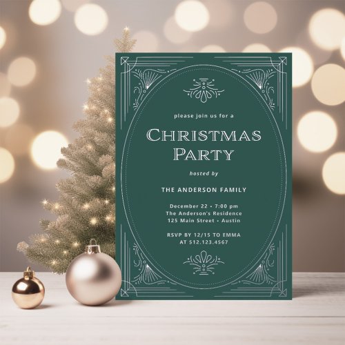 Modern Deco  Elegant Green Christmas Party Silver Foil Invitation