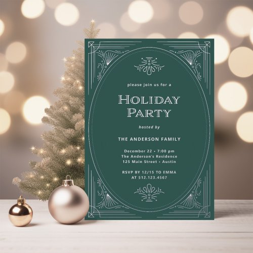 Modern Deco  Elegant Green Holiday Party Silver Foil Invitation