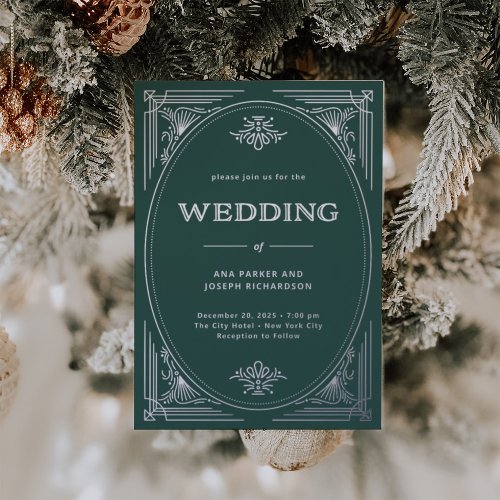 Modern Deco  Elegant Green Holiday Wedding Foil Invitation