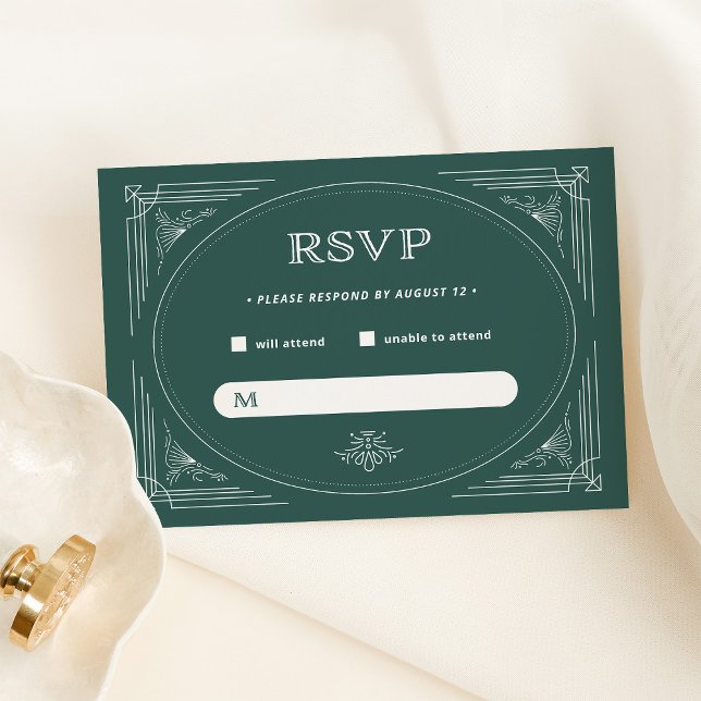 Modern Deco | Elegant Green Holiday Wedding RSVP Card (An elegant, festive green rsvp card for your Christmas holiday wedding)