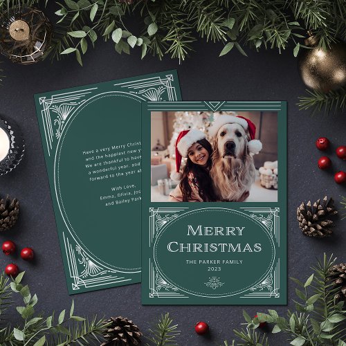Modern Deco  Elegant Green with Photo Holiday Card