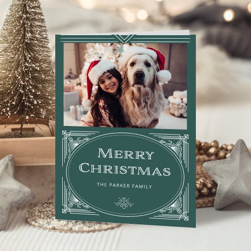 Modern Deco  Elegant Green with Photo Holiday Card