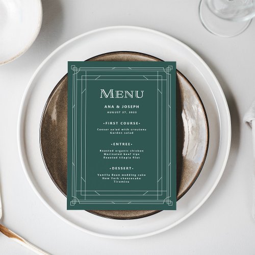 Modern Deco  Elegant Holiday Green Wedding Menu