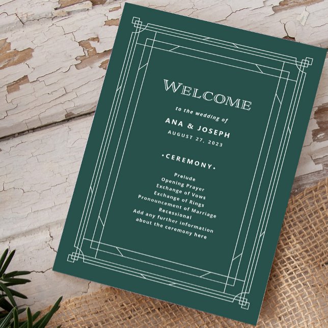 Modern Deco | Elegant Holiday Green Wedding Program (A festive green welcome program for your holiday wedding)