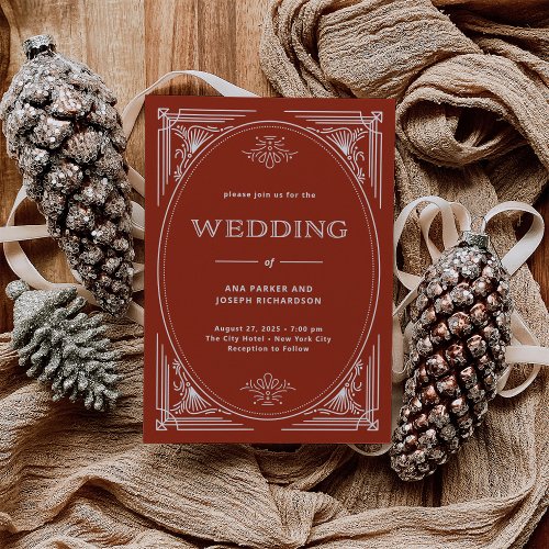 Modern Deco  Elegant Holiday Red Wedding Invitation