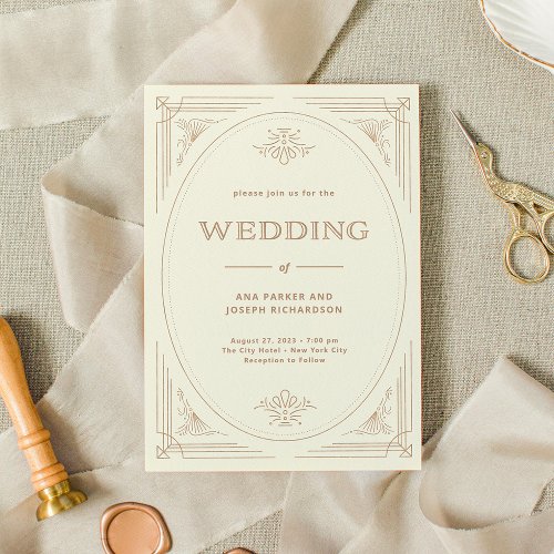 Modern Deco  Elegant Ivory and Gold Wedding Invitation