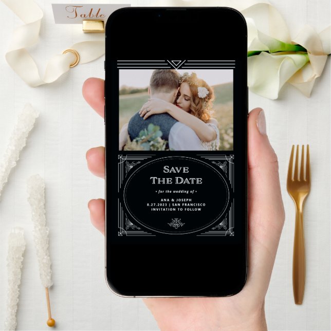 Modern Deco | Elegant Onyx Black and White Photo Save The Date (Front Digital)