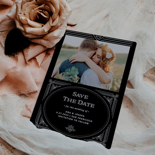 Modern Deco  Elegant Onyx Black and White Photo Save The Date