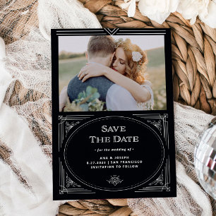 Modern Deco   Elegant Onyx Black and White Photo Save The Date