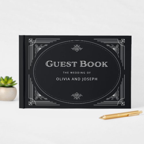 Modern Deco  Elegant Onyx Black and White Wedding Guest Book