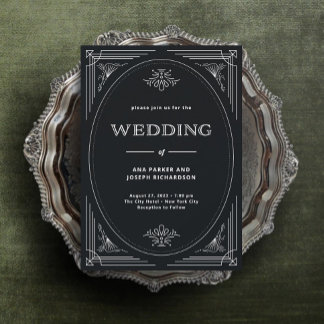 Modern Deco | Elegant Onyx Black and White Wedding Invitation