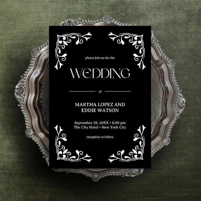 Modern Deco | Elegant Onyx Black and White Wedding Invitation (Modern deco onyx black and white wedding invitation adds bold elegance to your wedding.)