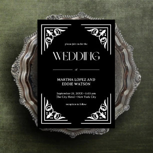 Modern Deco   Elegant Onyx Black and White Wedding Invitation