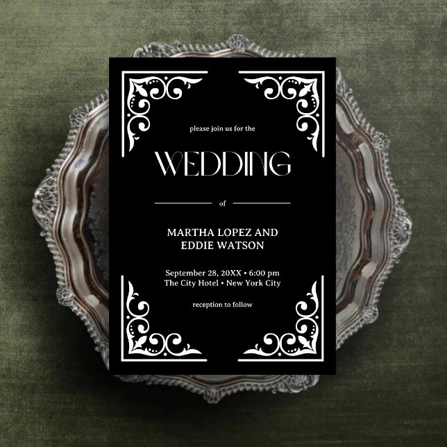 Modern Deco | Elegant Onyx Black and White Wedding Invitation (Creator Uploaded)
