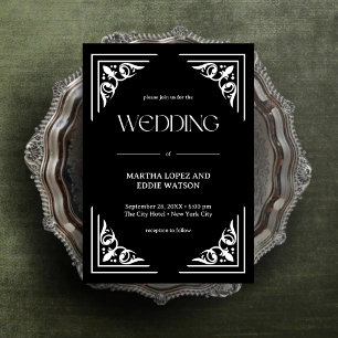 Modern Deco Elegant Onyx Black and White Wedding Invitation