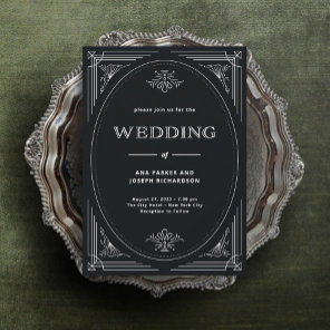 Modern Deco | Elegant Onyx Black and White Wedding Invitation