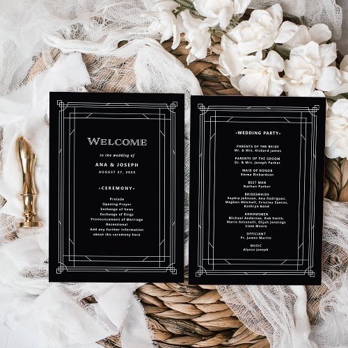 Modern Deco  Elegant Onyx Black and White Wedding Program