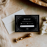 Modern Deco | Elegant Onyx Black and White Wedding RSVP Card<br><div class="desc">These glamorous wedding rsvp response cards feature a modern spin on classic art deco. An ornate,  white geometric frame and ornamentation decorate an elegant dark onyx black background for a dramatic,  vintage wedding look.</div>