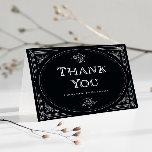 Modern Deco  Elegant Onyx Black and White Wedding Thank You Card