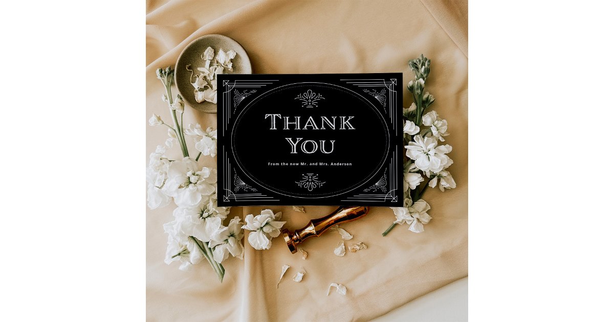 Modern Deco | Elegant Onyx Black and White Wedding Thank You Card | Zazzle