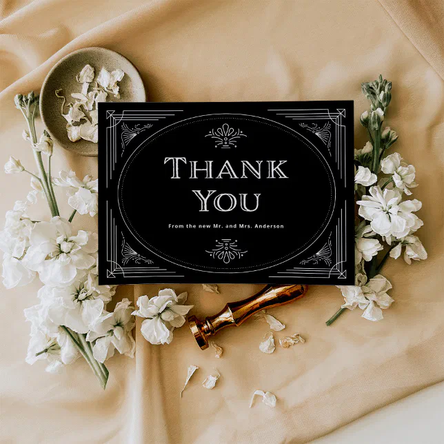 Modern Deco | Elegant Onyx Black and White Wedding Thank You Card | Zazzle