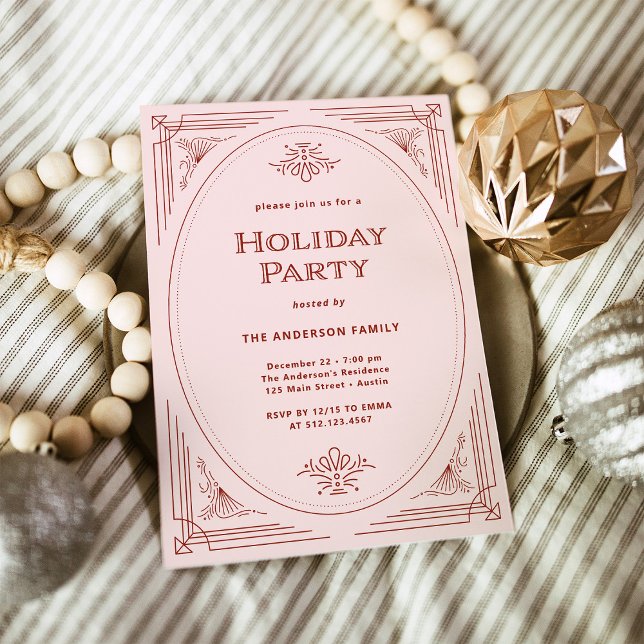 Modern Deco | Elegant Pink and Red Holiday Party Invitation (An elegant, blush pink and red art deco style holiday invitation)
