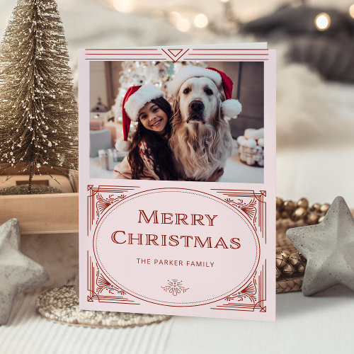 Modern Deco | Elegant Pink and Red with Photo Holiday Card