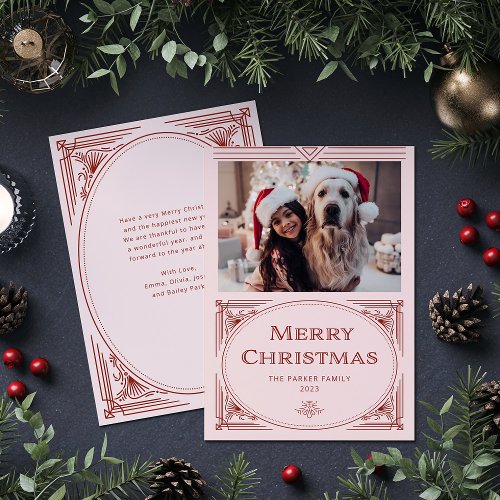 Modern Deco  Elegant Pink and Red with Photo Holiday Card