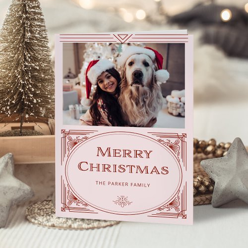 Modern Deco  Elegant Pink and Red with Photo Holiday Card