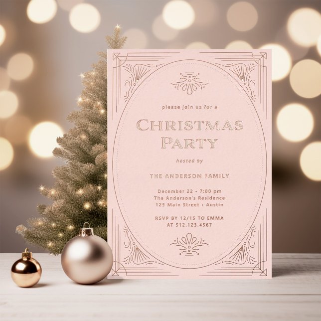 Modern Deco Elegant Pink Christmas Party Rose Gold Foil Invitation (An elegant, art deco style Christmas party invitation in blush pink with rose gold foil)